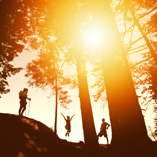 Sun shines on 3 individuals hiking at dusk