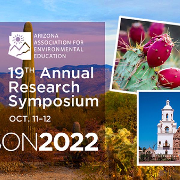 Background of a desert landscape, but in front, on the left, there is a purple transparency box with white text that is included in the body of this post. On the right, in front, are three photos of a cactus, a bobcat, and a building. On the bottom left is an illustration of a roadrunner