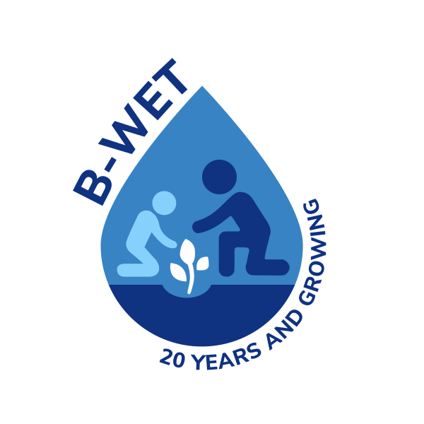 "B-WET 20 years and growing" blue text next to light blue water drop illustration with two people and a plant inside