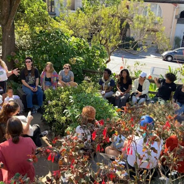 People sitting in a circle in a neighborhood garden