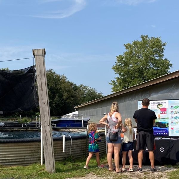 A photo of a family standing in front of a table, reading a display about yellow perch and aquaculture in Ohio.
