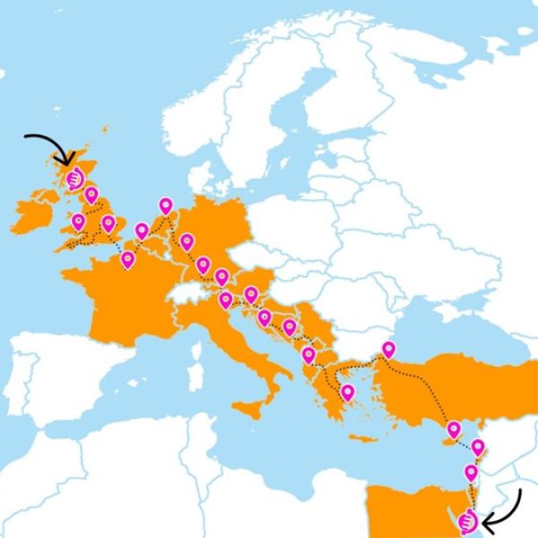 Illustration of European and North African countries with pink trail markers dotted, starting from Scotland and criscrossing its way down and to the right to Egypt