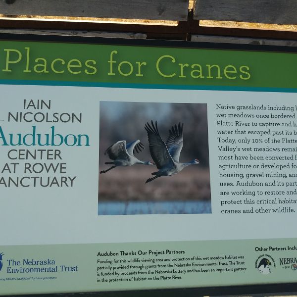 Interpretive panel titled "Places for Cranes" with text about and images of two cranes