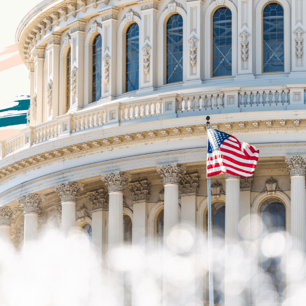 Light background graphic with green, blue, and peach paintbrush strokes, and in the foreground, a photo of the Capitol