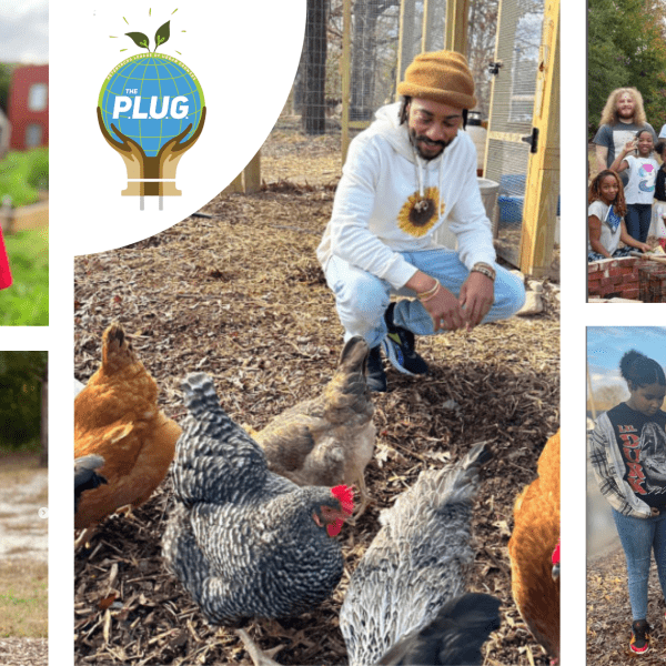 A grid of images shows people of all ages farming and working together at The PLUG Farm in Petersburg, Virginia.