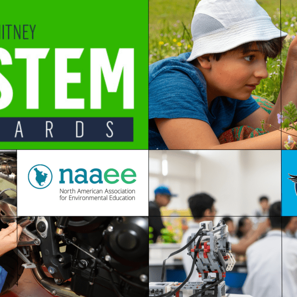 Pratt & Whitney E-STEM Awards. Images of young adults and children learning from hands-on science-based activities. 