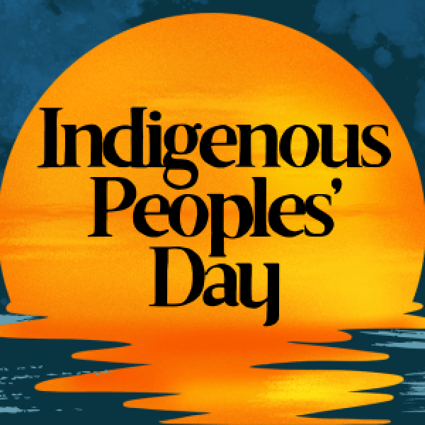 An orange sun sets on a watercolor horizon. "Indigenous Peoples' Day" in black text