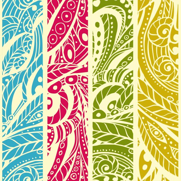 Abstract illustration of roots in blue, pink, green, and yellow