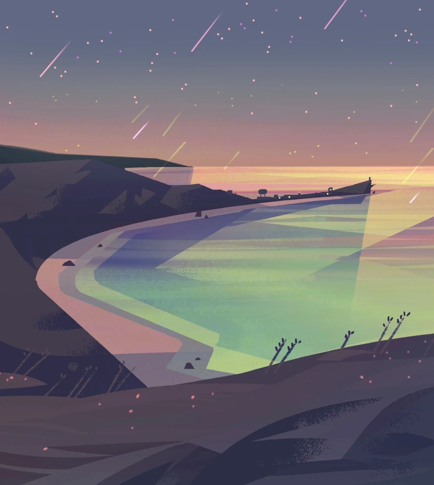 CalArts-style illustration of a beach and hill at dusk