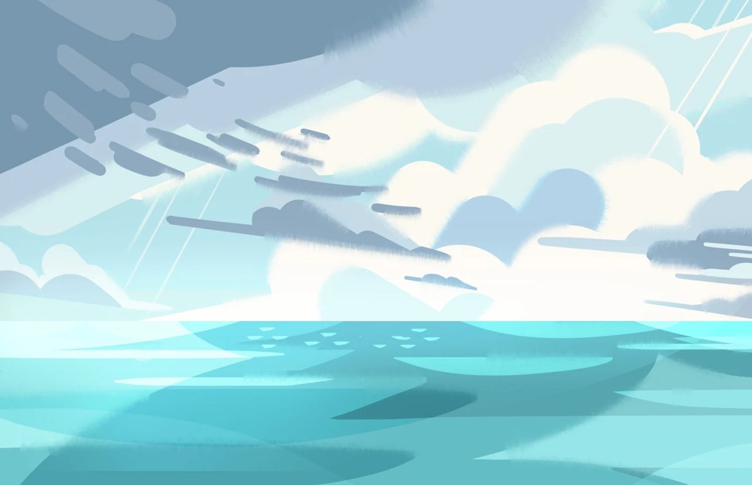 CalArts-style illustration of a blue sea on a partly cloudy day