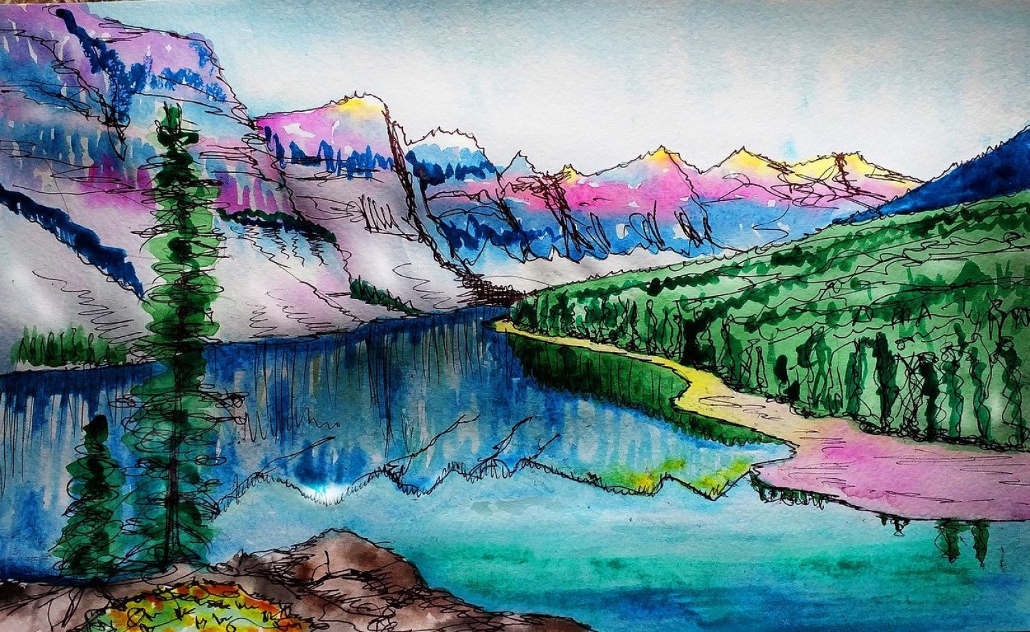 Sketch illustration of a river and mountain range